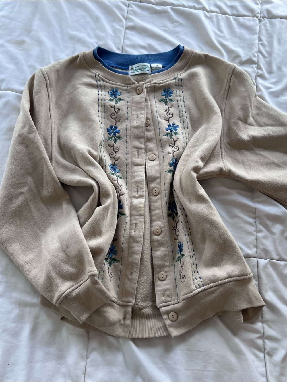 Classic Beige Embroidered Cardigan with Blue Floral Accents